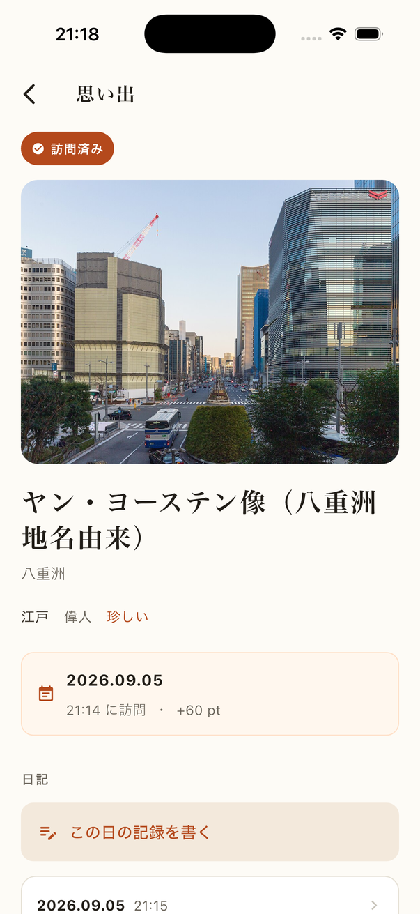 思い出画面。訪問日と日記の入力欄